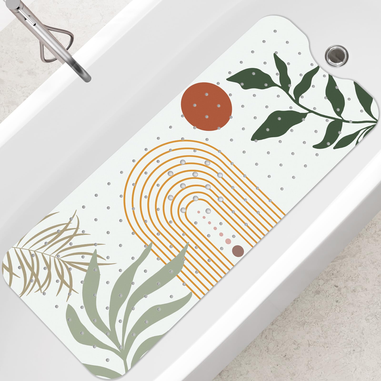 SHUCHING Boho Bath Mat for Tub Non Slip-40 X 16 Inch, Adult Bathtub Mat Anti Slip Mold Free, Long Shower Mat for Bathroom, Machine Washable