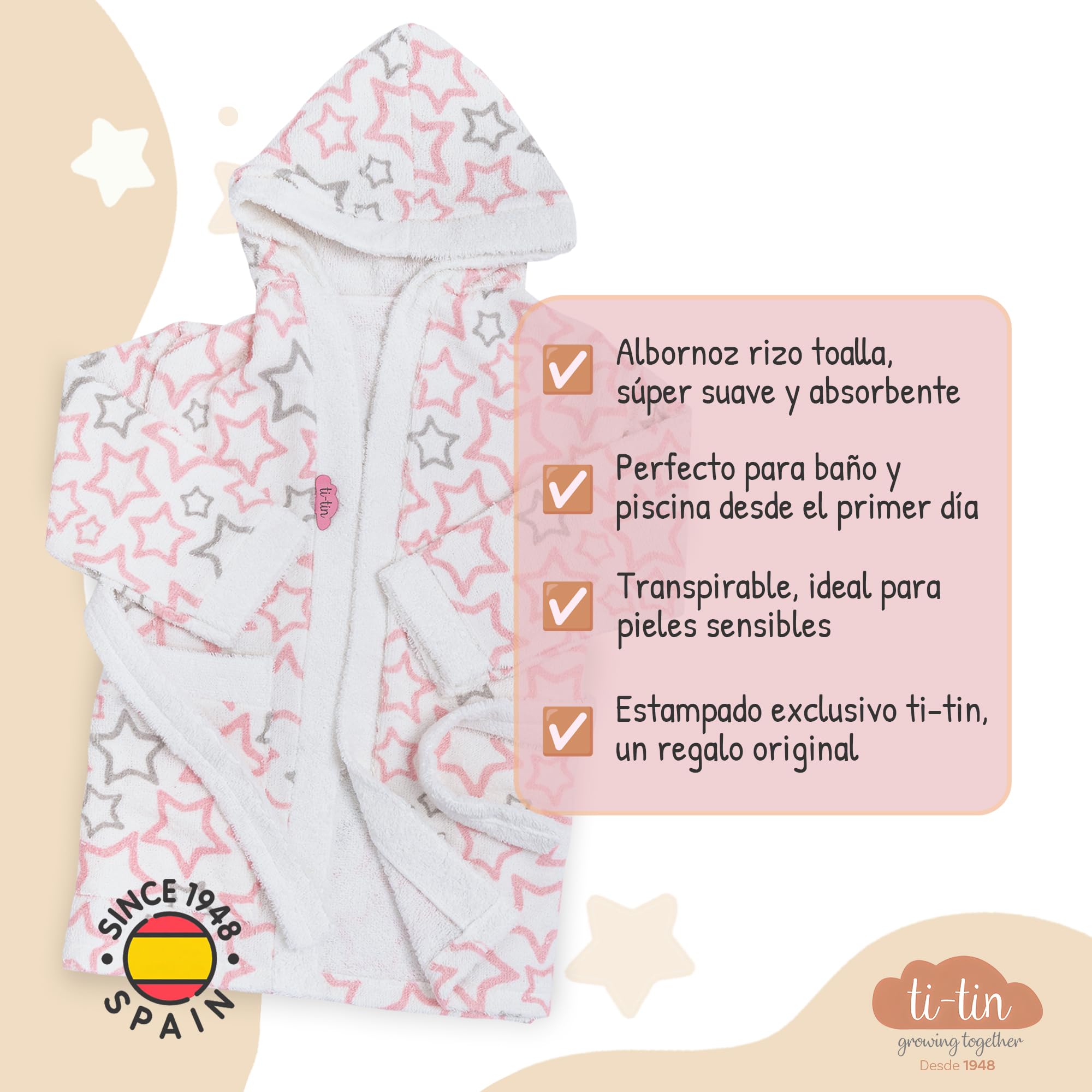 Bata de Baño Infantil con Capucha Algodón Rizo Suave Absorbente Ti TIN Albornoz Niña Niño Cinturón Bolsillo