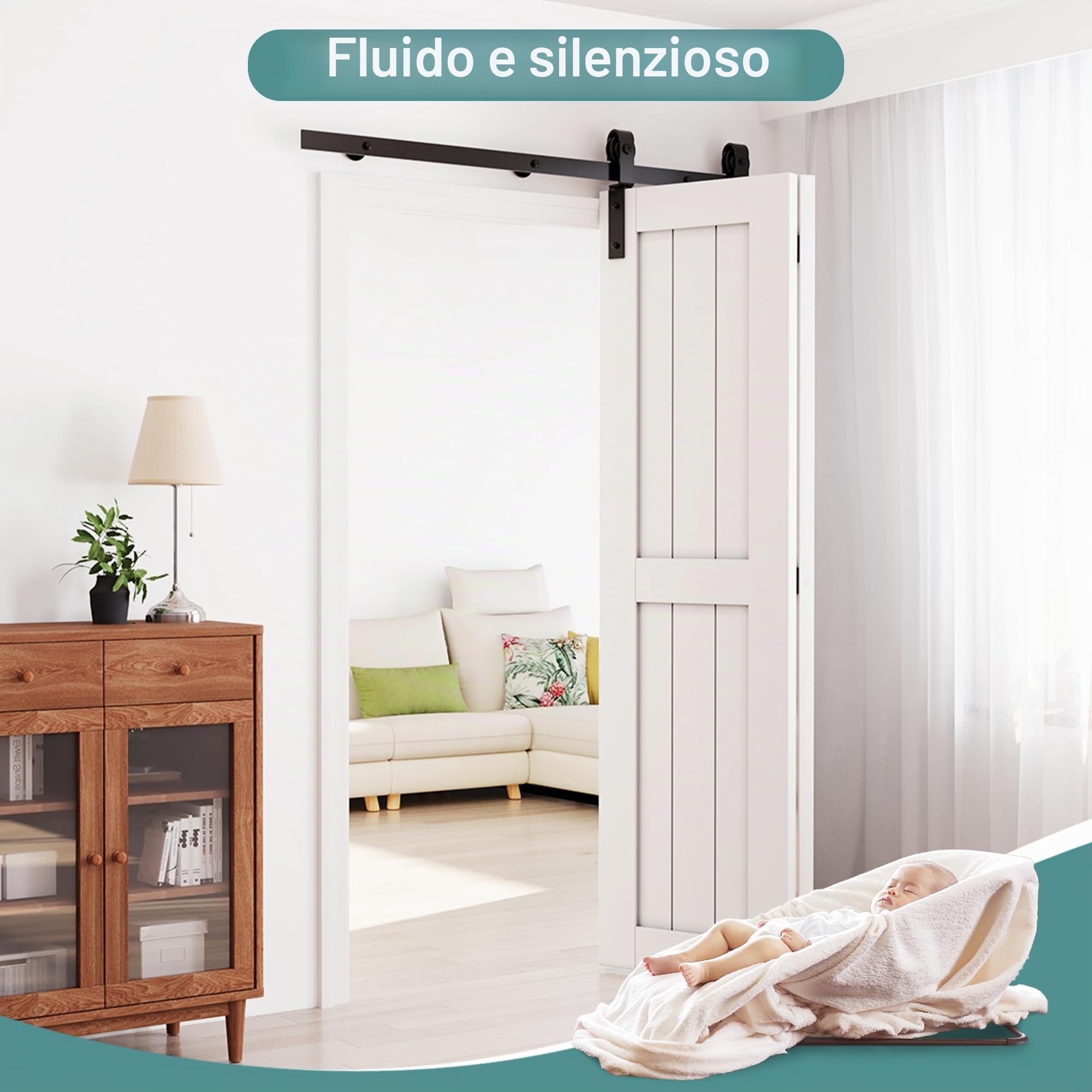 WINSOON 152cm Binario per Porta Scorrevole Kit Porta Scorrevole Esterno Muro, kit per Binario per Armadio per Doppia porta Interna in legno da 71cm, Senza Porta