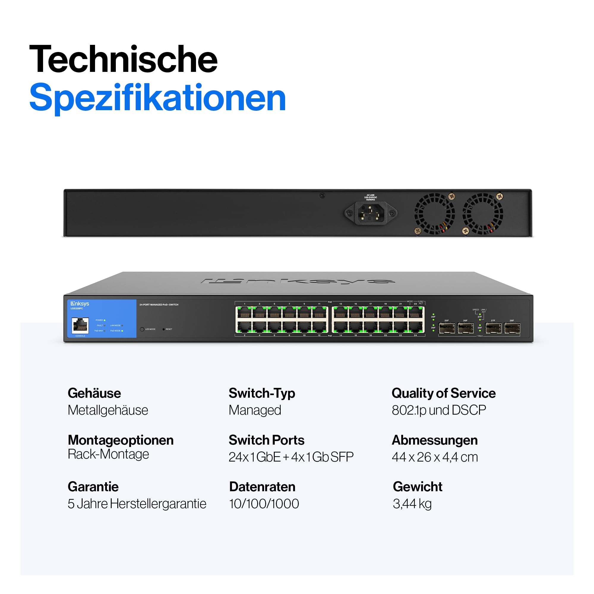 Linksys 24-Port Managed Gigabit-Netzwerk-Switch, 4 1-Gb-Uplink-SFP-Steckplätze, PoE/PoE+, QoS, statisches Routing, VLAN, IGMP, Metallgehäuse, Platzierung auf dem Schreibtisch/an der Wand – LGS328PC