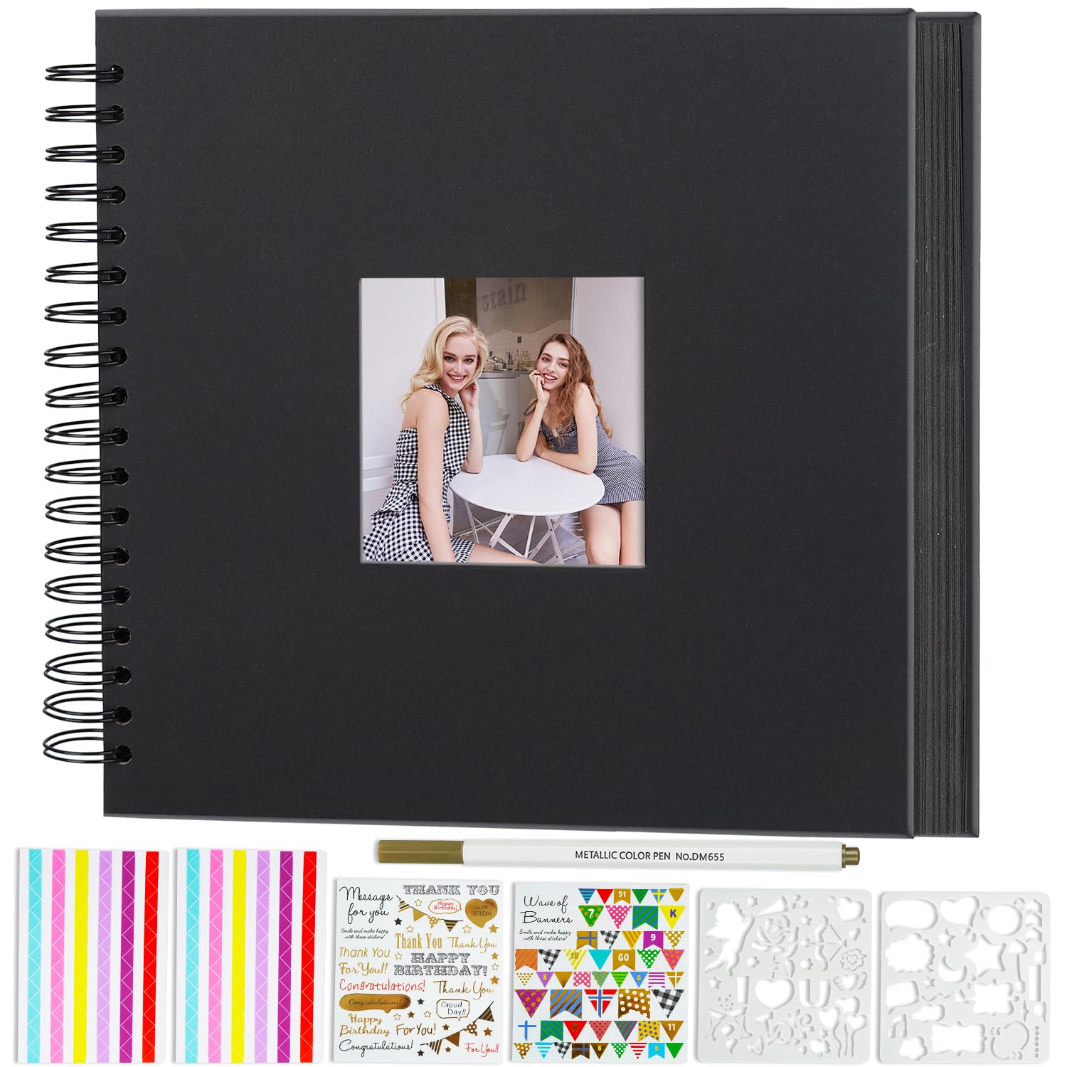 Miaikoe 20.5x20.5 cm DIY Scrapbook Album with Window Hardcover Kraft Blank Paper Scrap Book with 40 Sheets Photo Album for Guest Book Family Wedding Anniversary (Black)