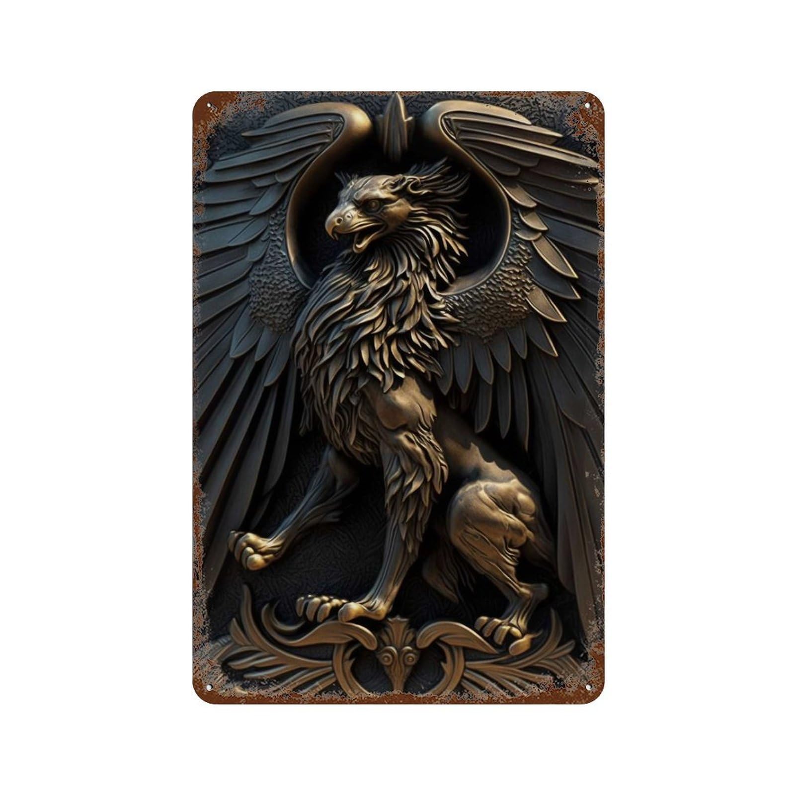 Decorative Tin Sign with Griffin Gold Relief Deco Design 11.8"x7.9", for Farmhouse, Kitchen And Entryway Decor, Old School Wall Decor