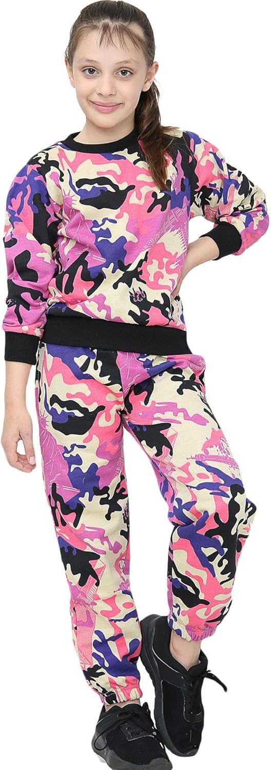 Kids Girls Boys Camouflage Baby Pink Crew Neck Tracksuit Sweatshirt Jogging Suit