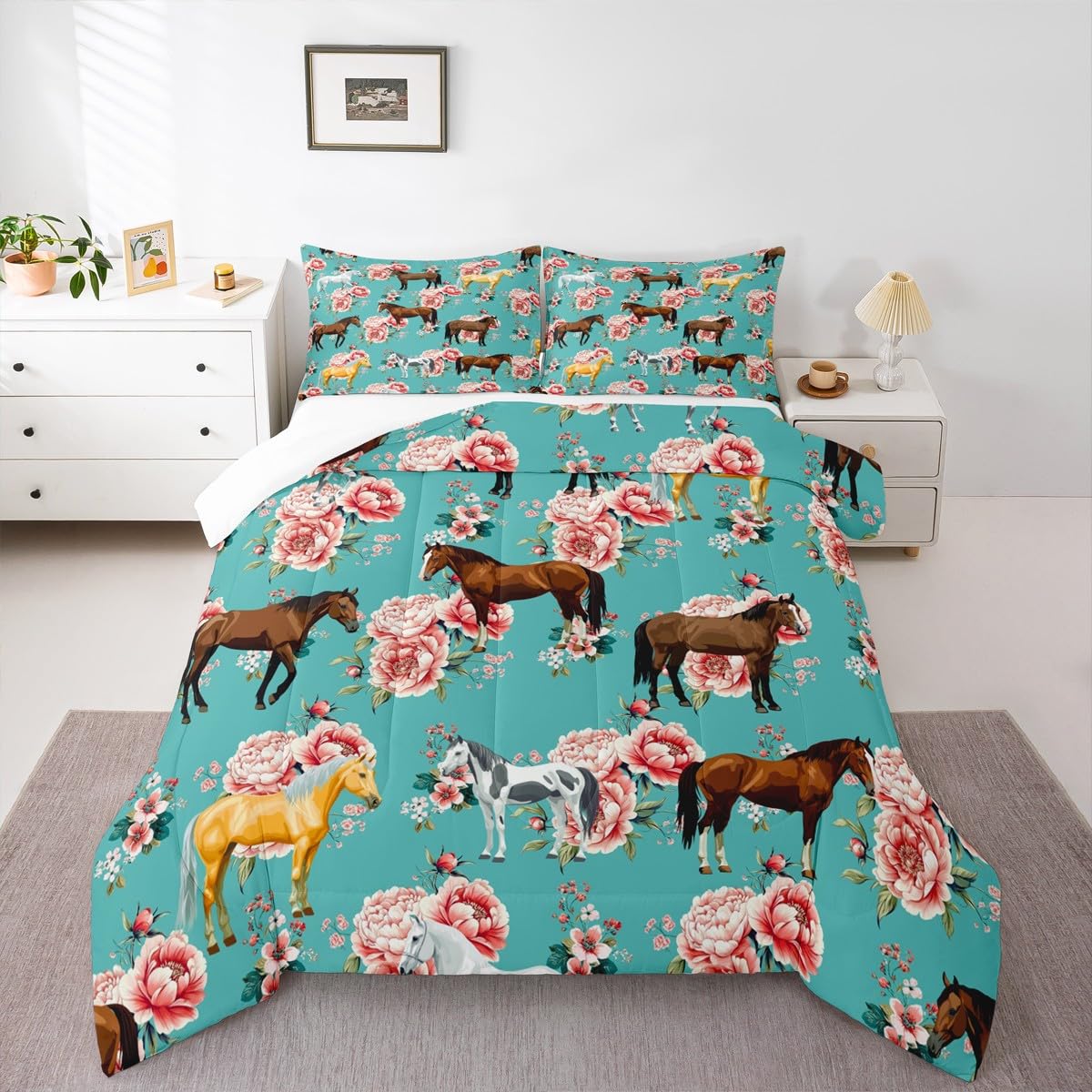 Erosebridal Juego de edredón de caballo para niñas, juego de ropa de cama de flores rosas para niños, edredón de plumón de caballo galopante, juego de edredón para mujeres, vaqueras vaqueras