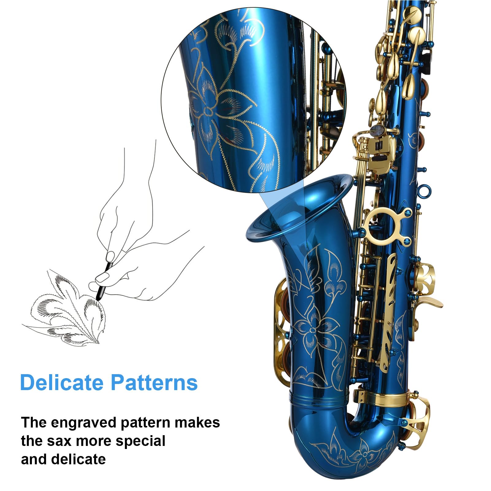 HUIOP Saxofón,Saxofón Alto Eb E plano grabado en latón,botones de concha de abulón,instrumento de viento con estuche,guantes,paño de limpieza,cepillo para cinturón,LADE Saxofón Alto