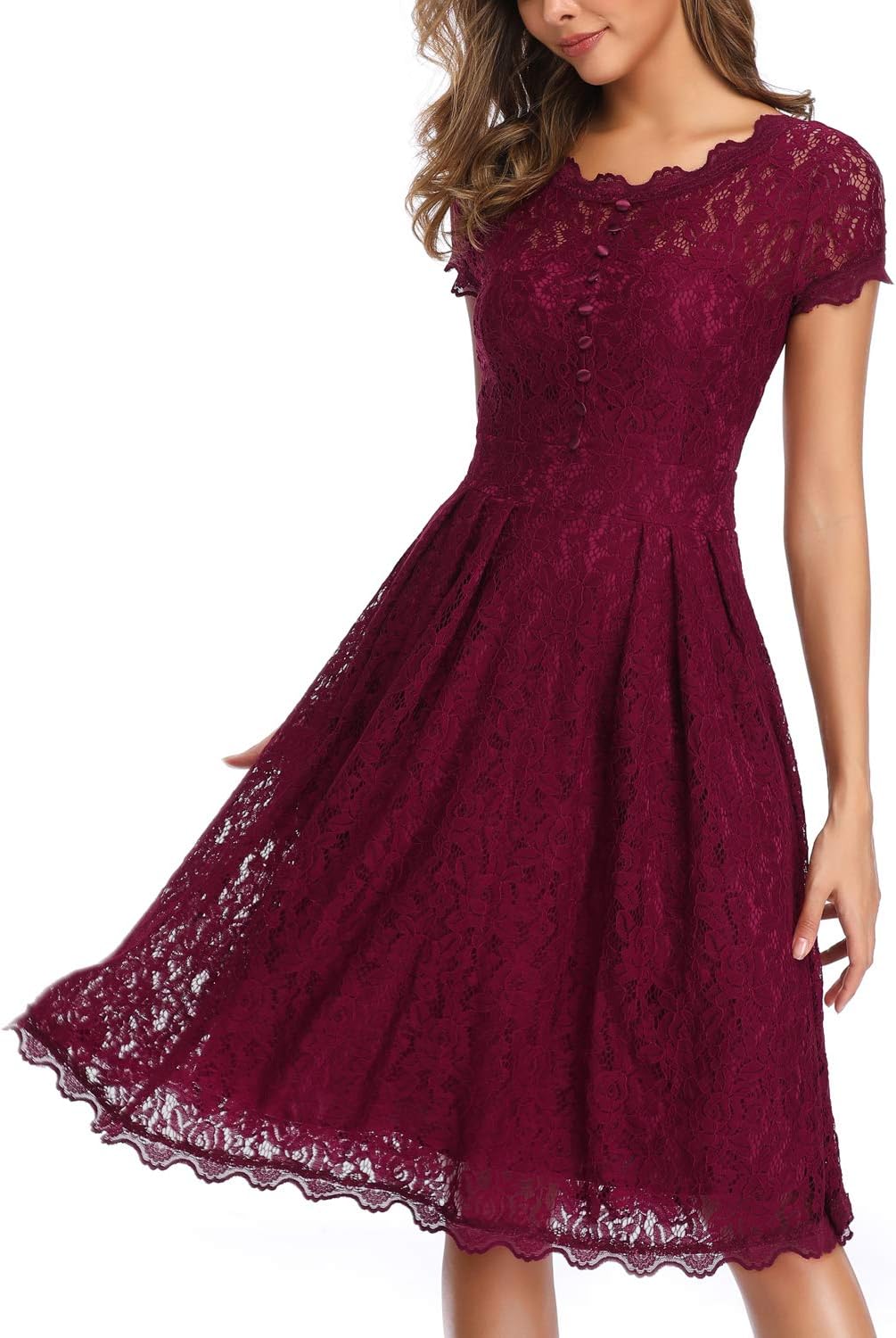 IHOT Women Floral Lace Vintage Bridesmaid Boat Neck Party Cocktail Dress Knee Length Prom Swing Dress Red