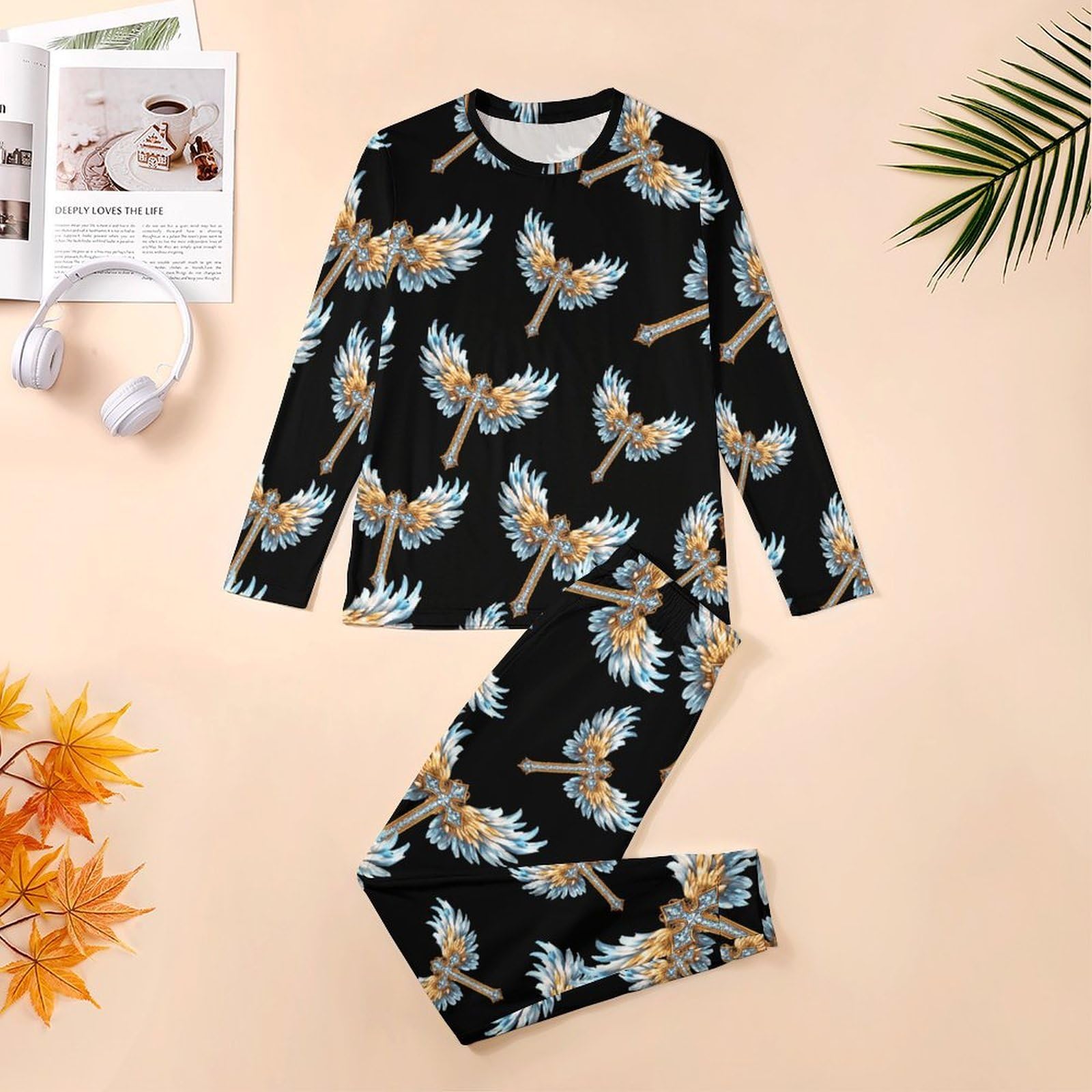 Diamond with Wings - Conjunto de pijama para hombre, cuello redondo, 2 piezas, manga larga, suave, transpirable para todas las estaciones