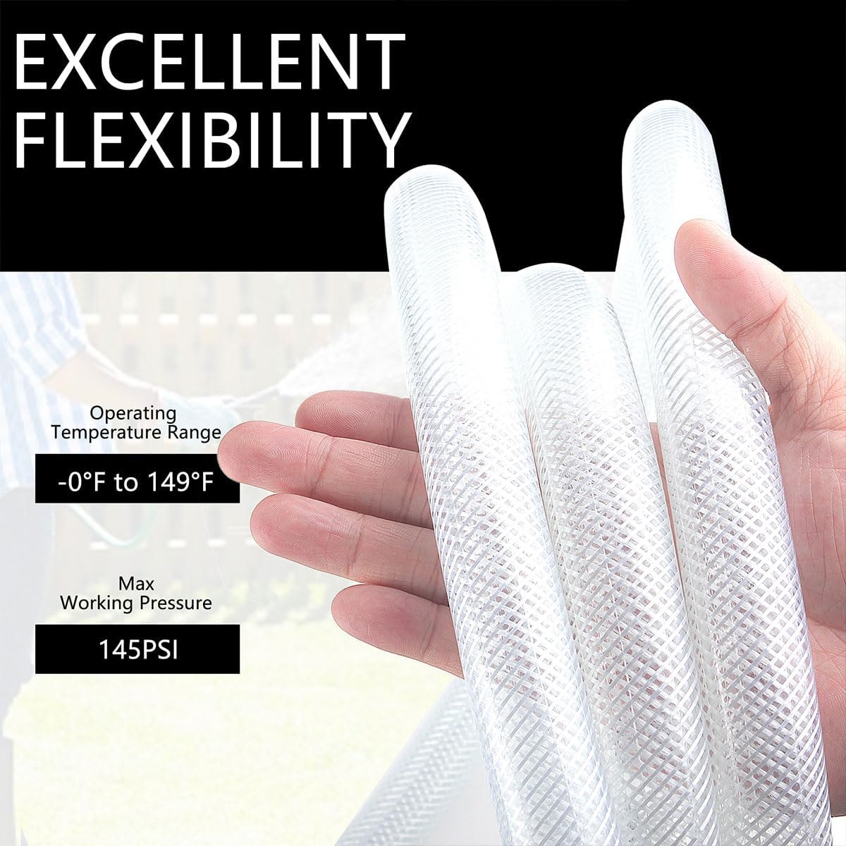 High Pressure Braided Clear Flexible PVC Tubing 3/4" ID x 1" OD - 25 Ft Heavy Duty Reinforced Vinyl Hose with 4 Stainless Clamps.