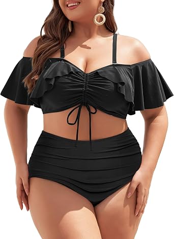 Hanna Nikole Plus Size Bikini Curvy Women, High Waisted Ruched Bathing Suit 2 Piece Drawstring Swimsuit