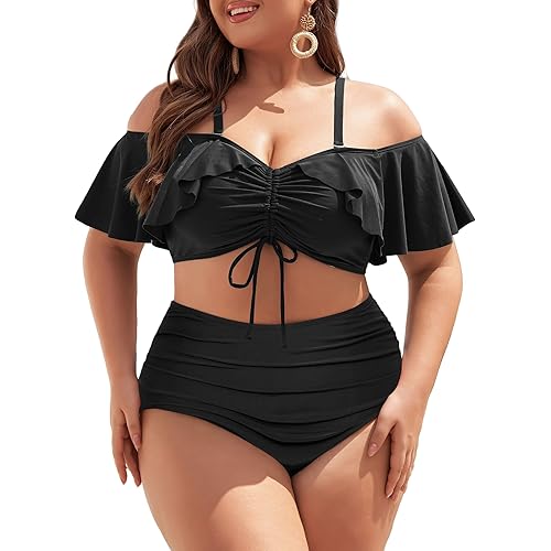 Hanna Nikole Plus Size Bikini Curvy Women, High Waisted Ruched Bathing Suit 2 Piece Drawstring Swimsuit