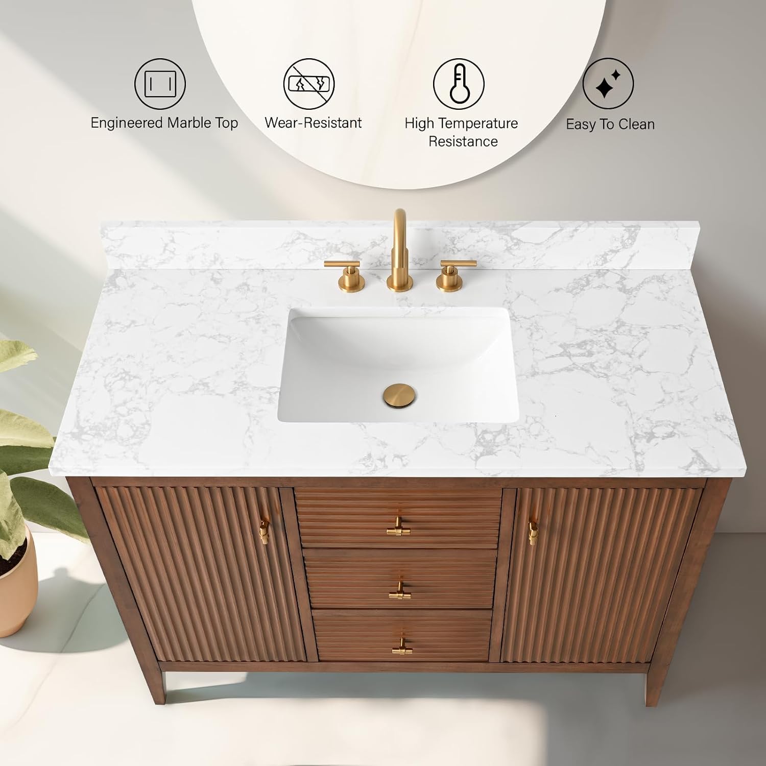 Vanity Art 48 inch Bathroom Vanity with Single Sink & Ceramic Top, Vanity Cabinet with Soft-Closing Door, Solid Wood Frame, Linear Pattern, Walnut, Golden Brushed Handware VA9148-Walnut-GB