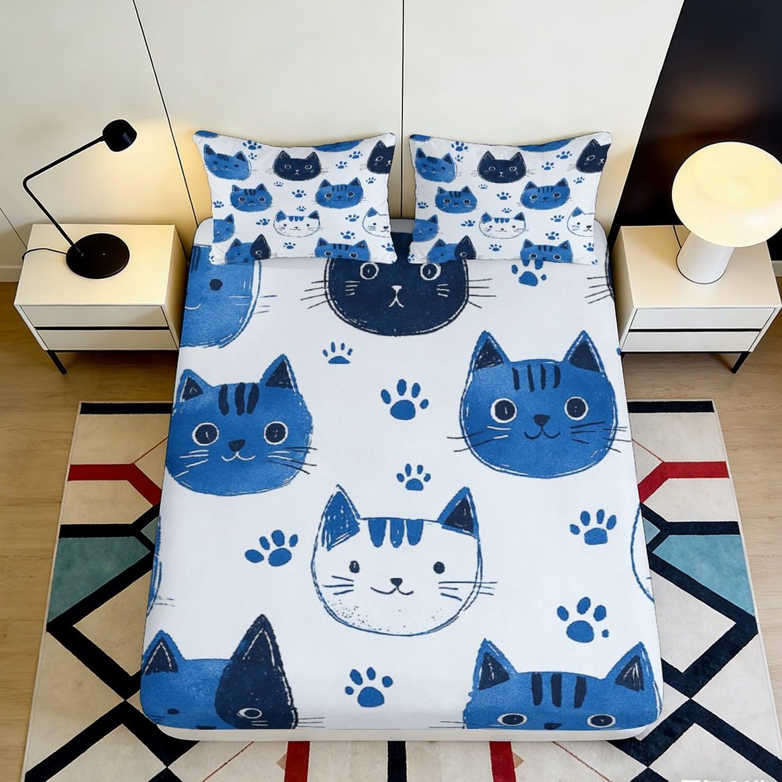 3D Printed Blue Cat Face Fitted Sheet Microfiber Soft Bedroom Decor Paw Print Mattress Cover for Home Dorm 90x200x25cm