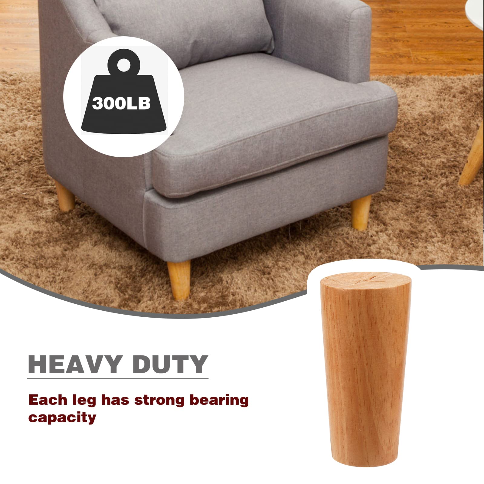 VIDETOL 4 stuks houten meubelpoten, schuine houten poten, 20 cm met montageplaten, rubberen pads en schroeven, houten tafelpoten voor meubels, bed, bank