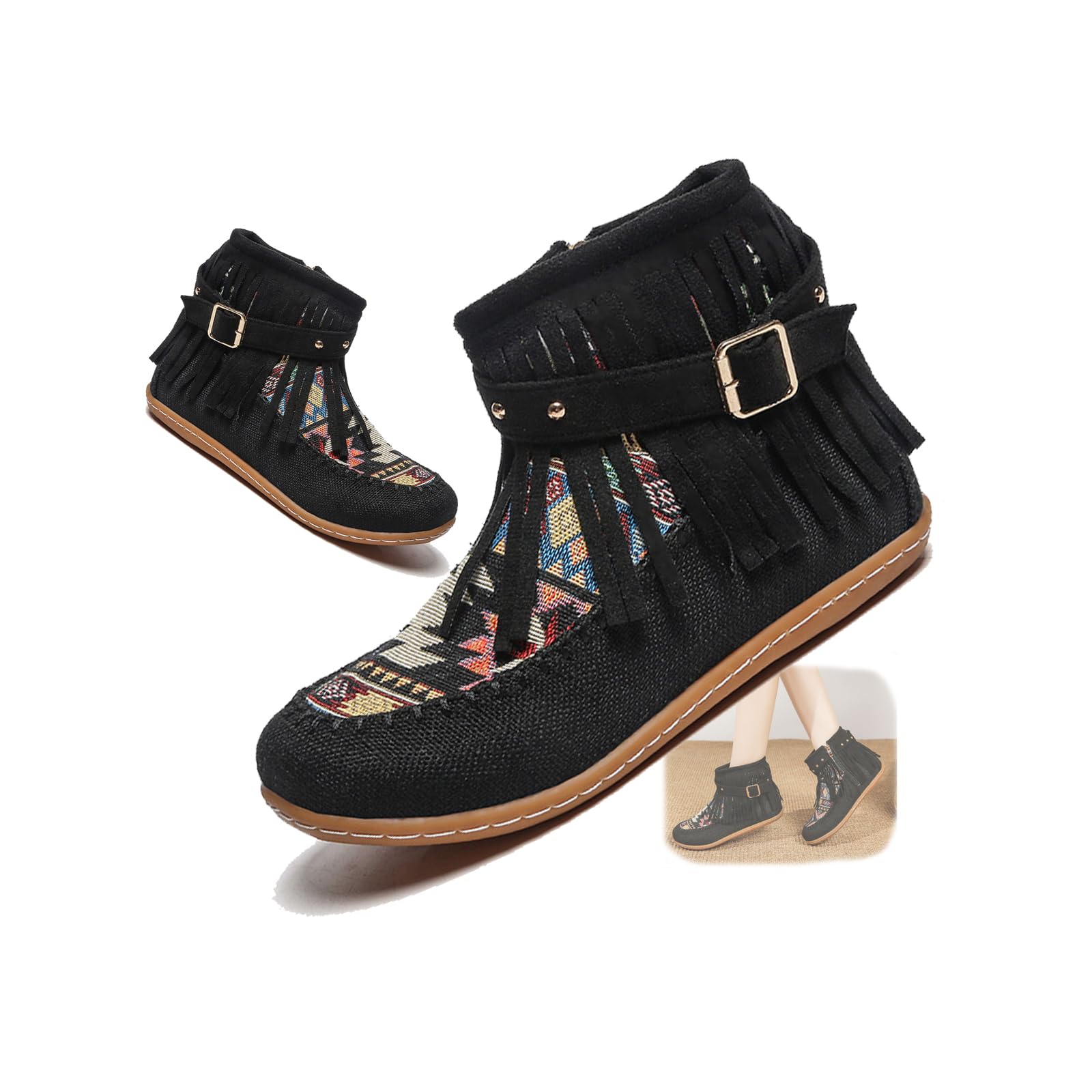 Boho Ankle Cowboy Boots For Women Short Wide Width Cowboy Booties Western Suede Fringe Boots Round Toe Flats