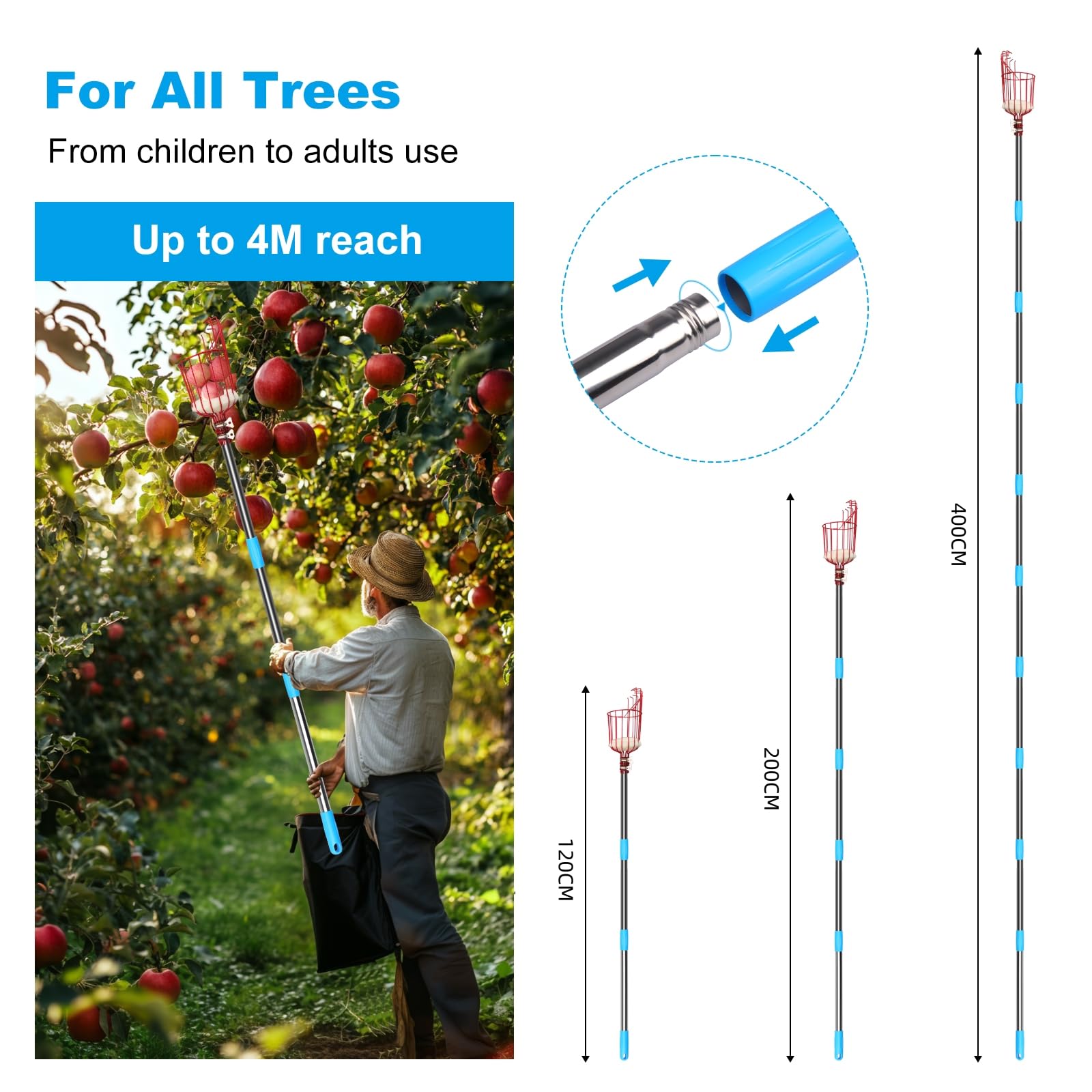 KOMABLEN Recolector De Frutas Telescópico 2.4m – Acero Inoxidable, Bolsa De Tela, Cabeza De 16 Cm (Recoge Manzanas, Naranjas, Cítricos)