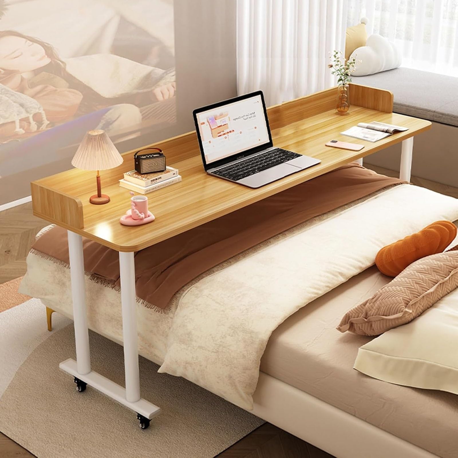 Stolik przyłóżkowy na kółkach, mobilny stojący stolik na laptopa o regulowanej wysokości z wytrzymałymi metalowymi nogami, stolik Queen Bed, stolik medyczny na kółkach do domu(Natural,150cm)