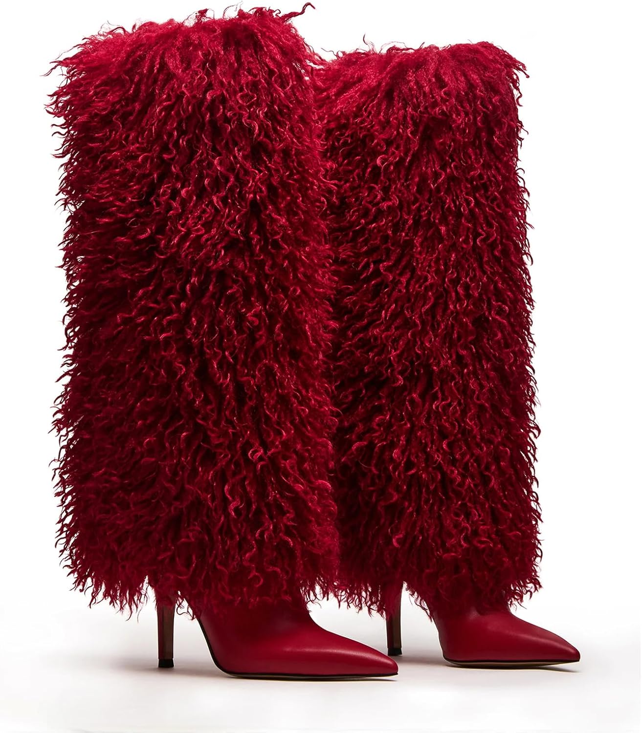 Fur Knee High Boots for Women Pointed Toe Stiletto Heel Fold Over Tall Boots Fashion Wide Calf Long Booties - Image 4