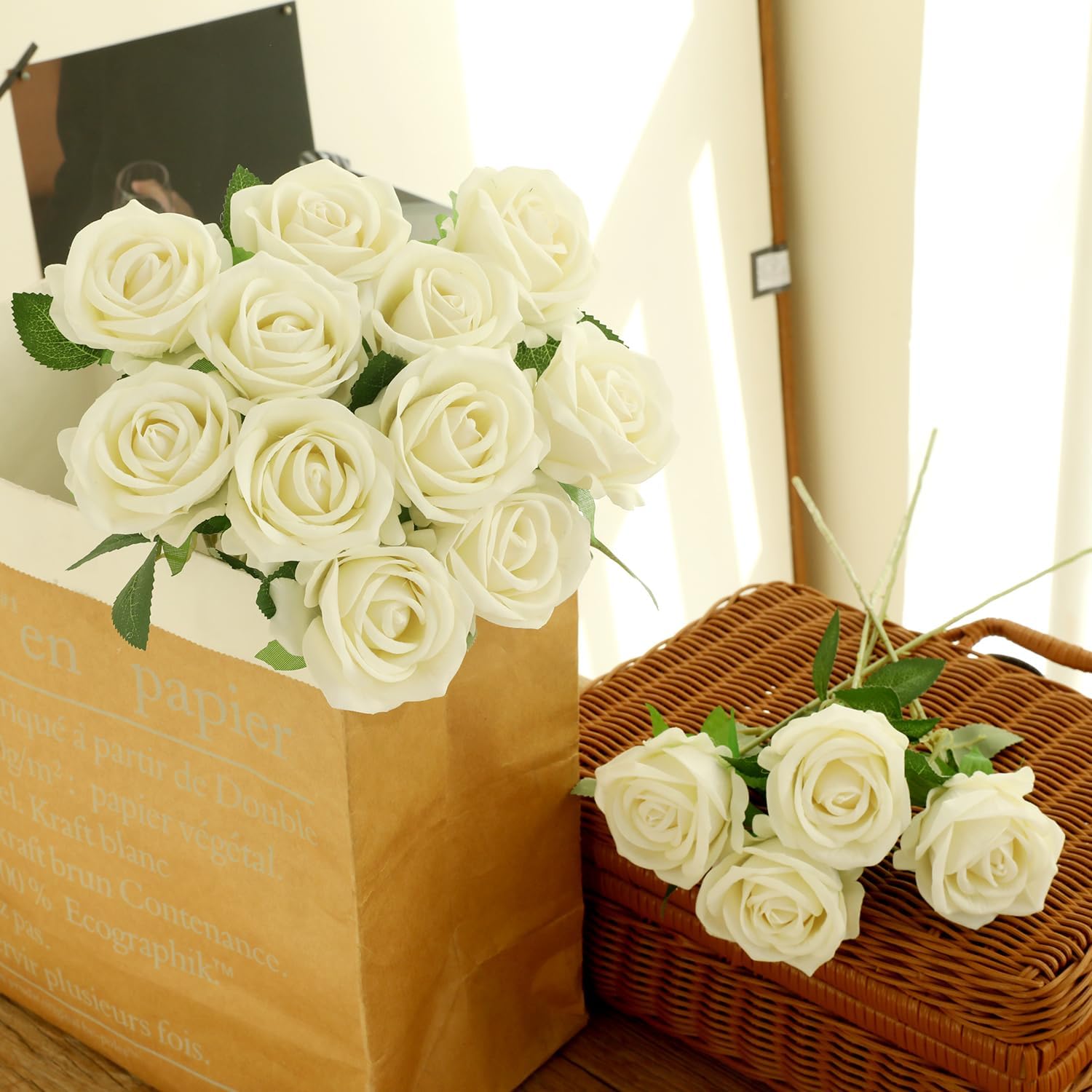 15Pcs Pearl White Roses Artificial Flowers Fake Roses Long Stem Velet Rose Silk Flowers for Home Wedding Decoration (Pearl Roses,White) - Image 7
