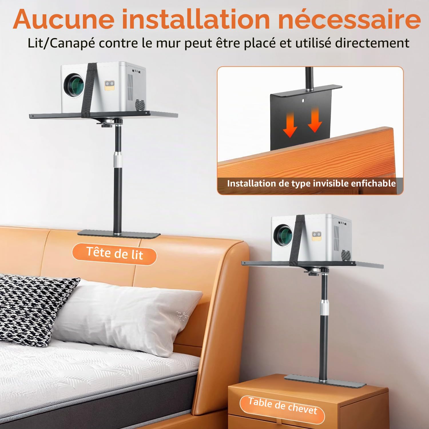 Support de projecteur pour lit et canapé avec Coque en métal - Bras réglable 24-41 cm, Compatible avec 100% de projecteurs, XGIMI, Nebula, VANKYO, Epson...