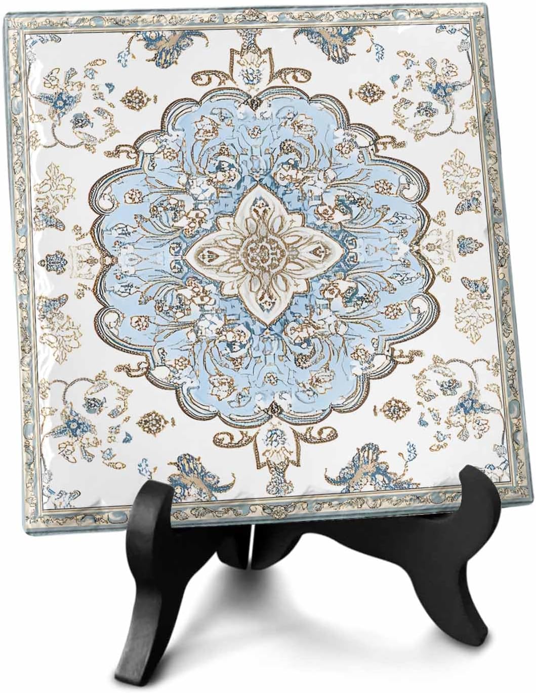 Blue Boho Desk Ceramic Ornament Decoration, Luxury Ethnic Traditional Floral Pattern Picture Photo Frame Art Diy Family Halloween Ornaments Artwork for Crafts Newlyweds Living Room Bedroom Office Home