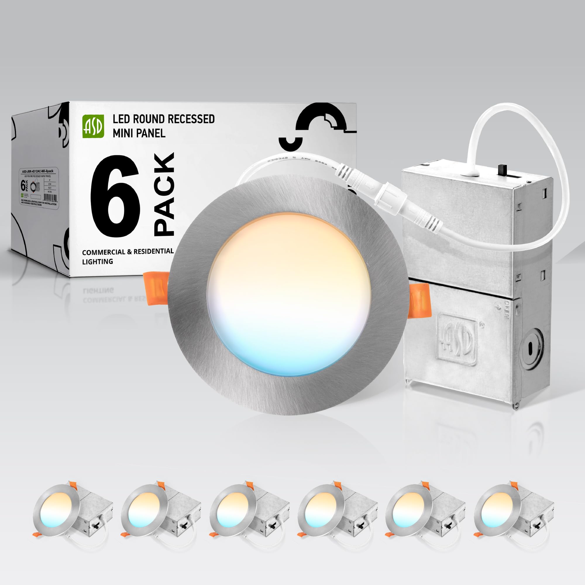 ASD 6 Pack LED Recessed Lighting 4 Inch 12W, 5 CCT 2700K-5000K CRI90+, IC Rated Ultra Thin Dimmable Ceiling Lights with J Box, Canless Wafer Downlight