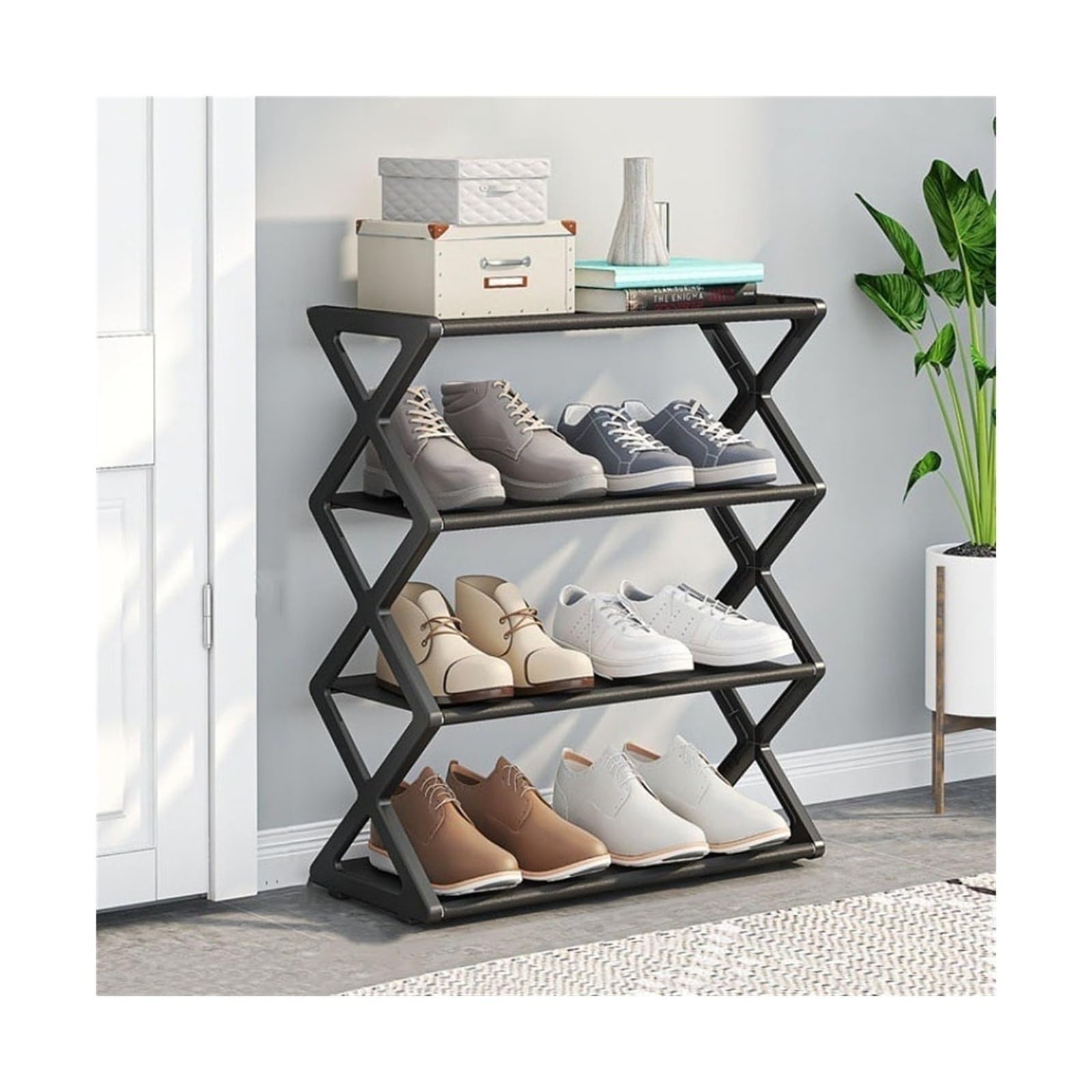 Portascarpe, ripiano portascarpe a 4 Ripiani, scaffale portascarpe Indipendente, Organizer per Ingresso con Tubi in Acciaio e Struttura Fissa a Forma di X, Ripiani per organizzazione Scarpe