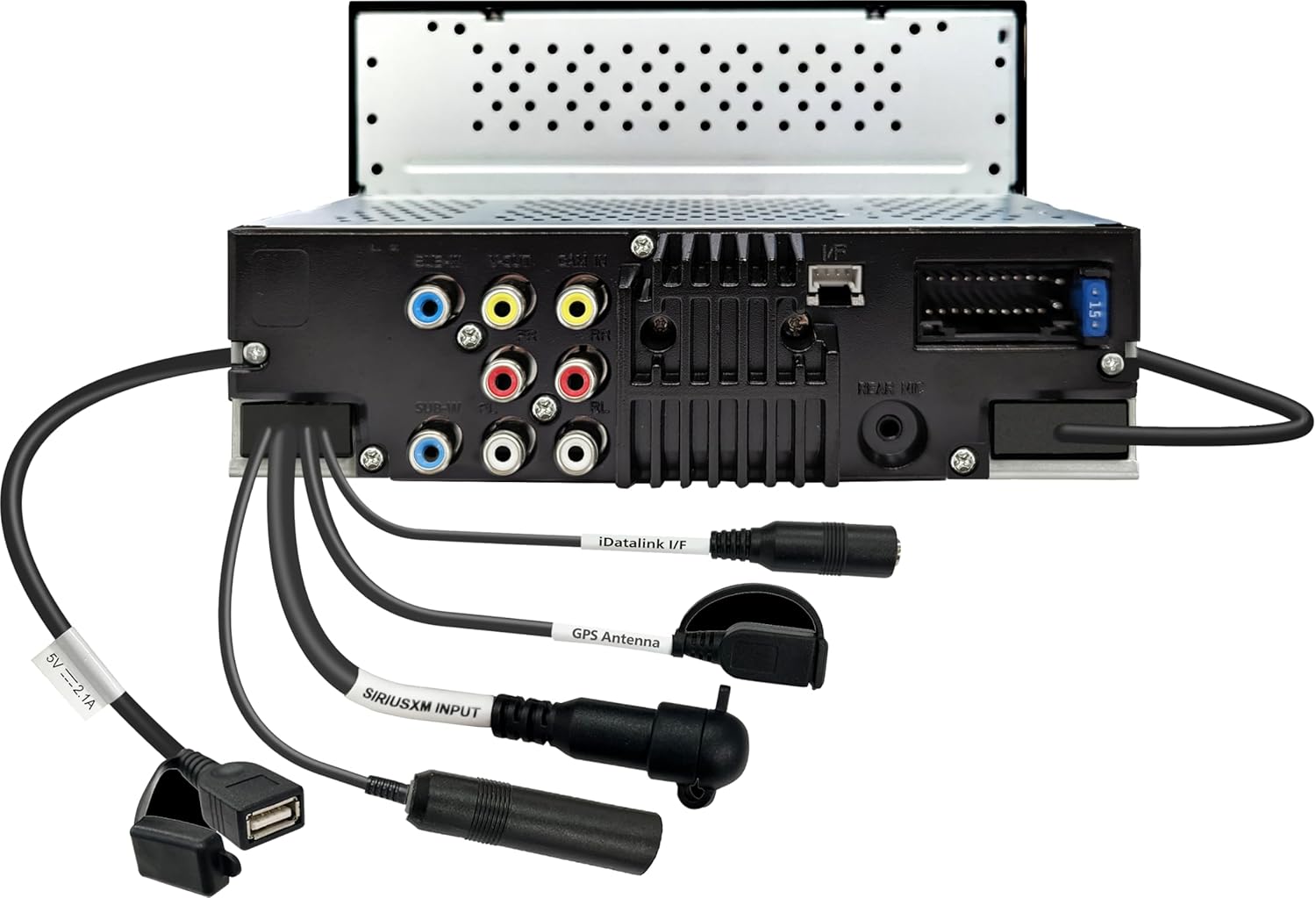 പിൻഭാഗം view of the Kenwood DMX50S receiver, illustrating various input and output connections including RCA, USB, iDatalink, GPS antenna, and SiriusXM input.