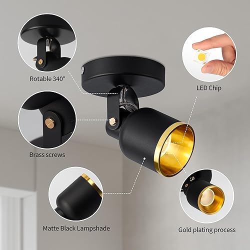 Miniatura 9 de Aisilan - Foco de techo LED regulable negro y dorado para interiores, ajustable, 180 grados, monopointo, luz blanca cálida, 3000 K, 7 W, para