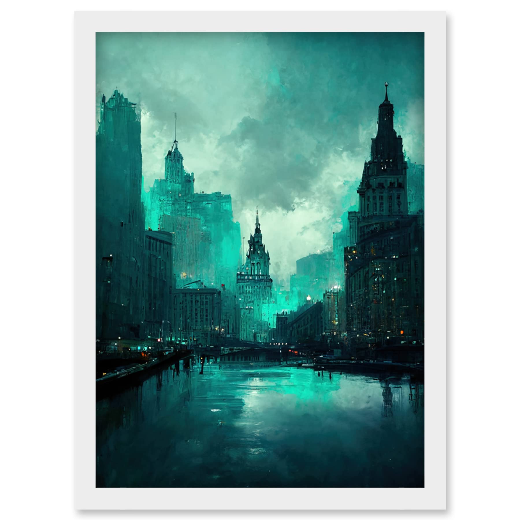 Doppelganger33 LTD Winter Teal New York Hudson River Cityscape Artwork Framed Wall Art Print A4