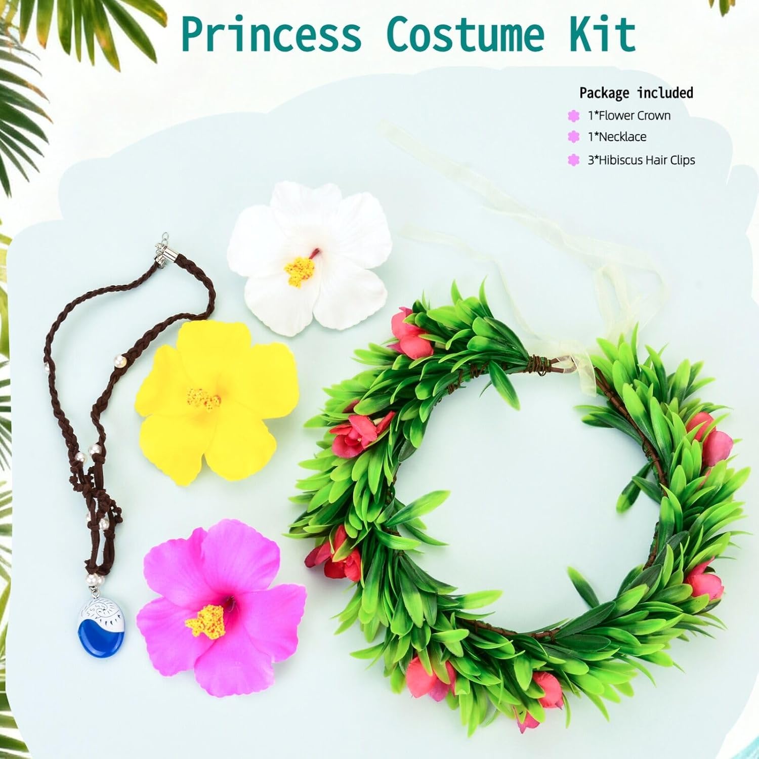 DDazzling Hawaii Flowers Garland Headdress Flower Clip with Necklace Party Theam Dress Up Accessory Set