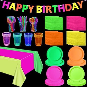Glow in the Dark Party Supplies, Including Colorful Plates Napkins Tablecloth Happy Birthday Banner with UV Black Light Reactive and Dinnerware for Neon Themed Birthday Party, Serves 20