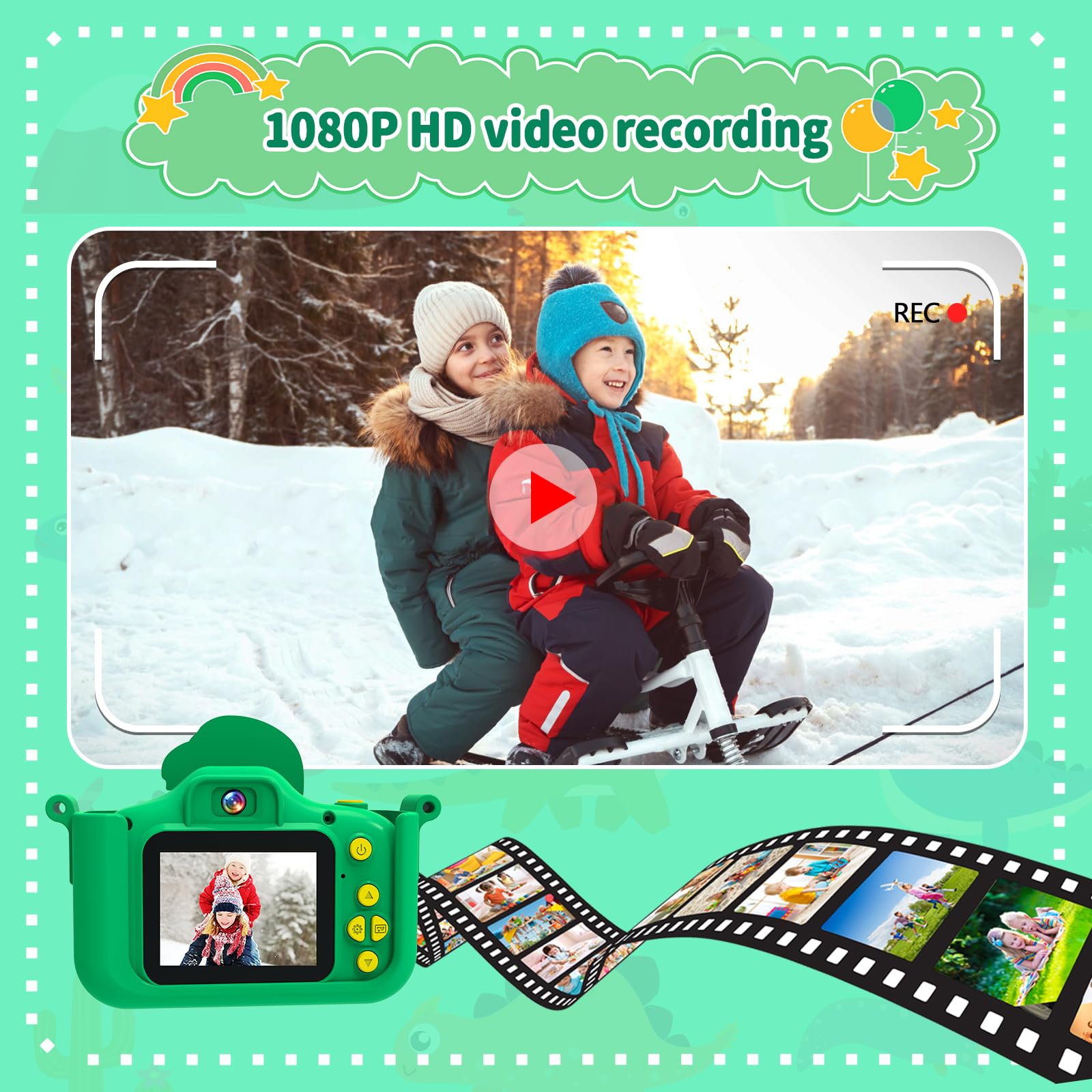 MYSTILUCK Macchina Fotografica Bambini Dinosauro, con 32 GB Schede e Lettore di Schede USB, Fotocamera Giocattoli per Maschi, Regali di Natale e Compleanno per Bambini dai 3 ai 12 Anni(Verde)