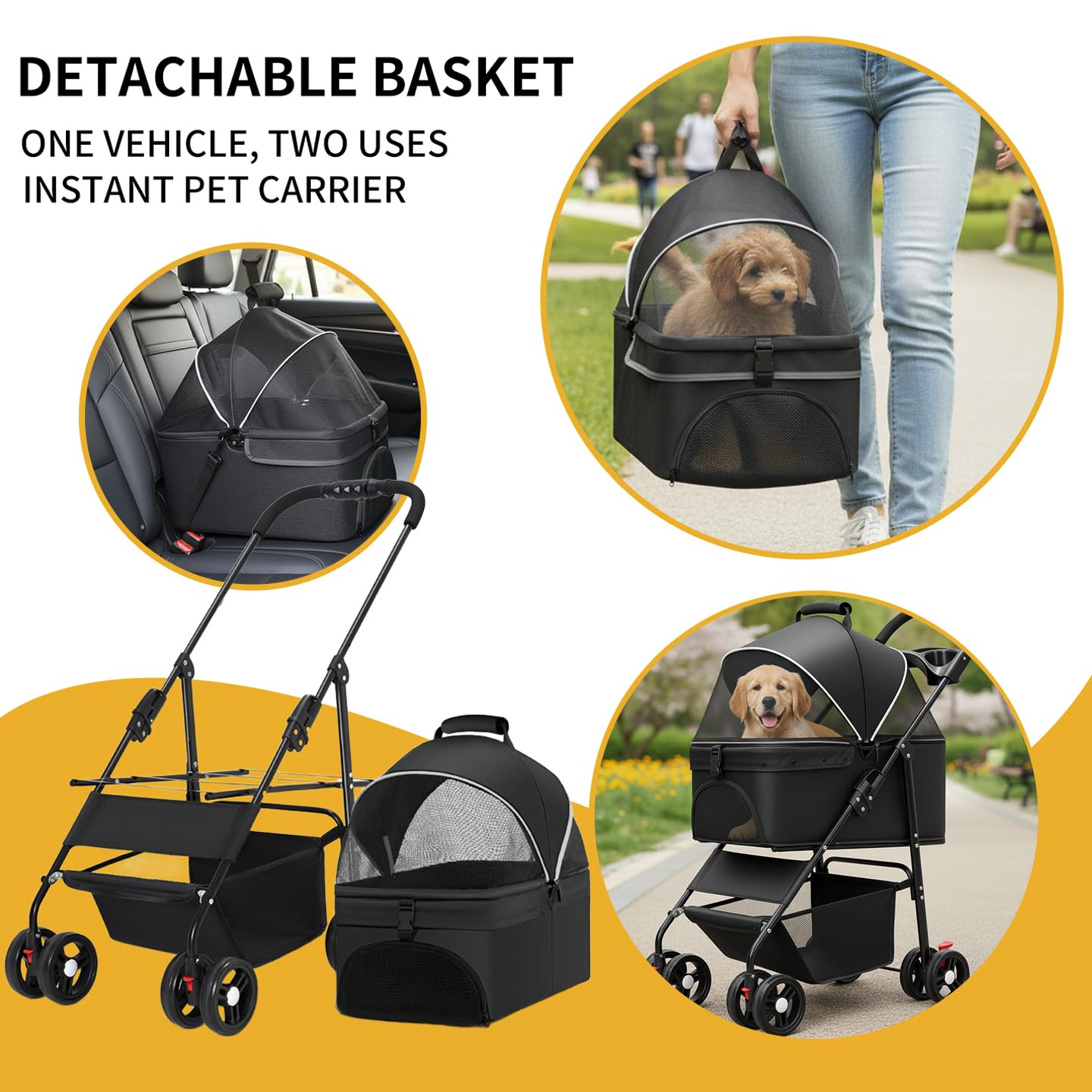 3-in-1 Dog Strollers for Small/Medium Dogs Cats,4 Wheels Pet Stroller,Detachable Carrier Basket,Breathable Mesh,Storage Basket,Cup Holder,Weather Cover,Black