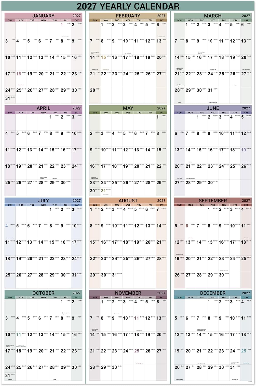 2027 Yearly Wall Calendar - Jan. 2027 - Dec.2027, 34.4" x 22.8" (Open) | Wall Calendar 2027, 2027 Calendar with Round Sticks, Thick Paper, Vertical
