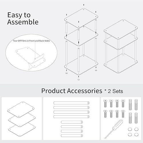 Miniatura 5 de Mesa auxiliar de acrílico transparente, mesa auxiliar de 3 niveles para sala de estar, mesitas de noche pequeñas para dormitorio, juego de 2, mesa