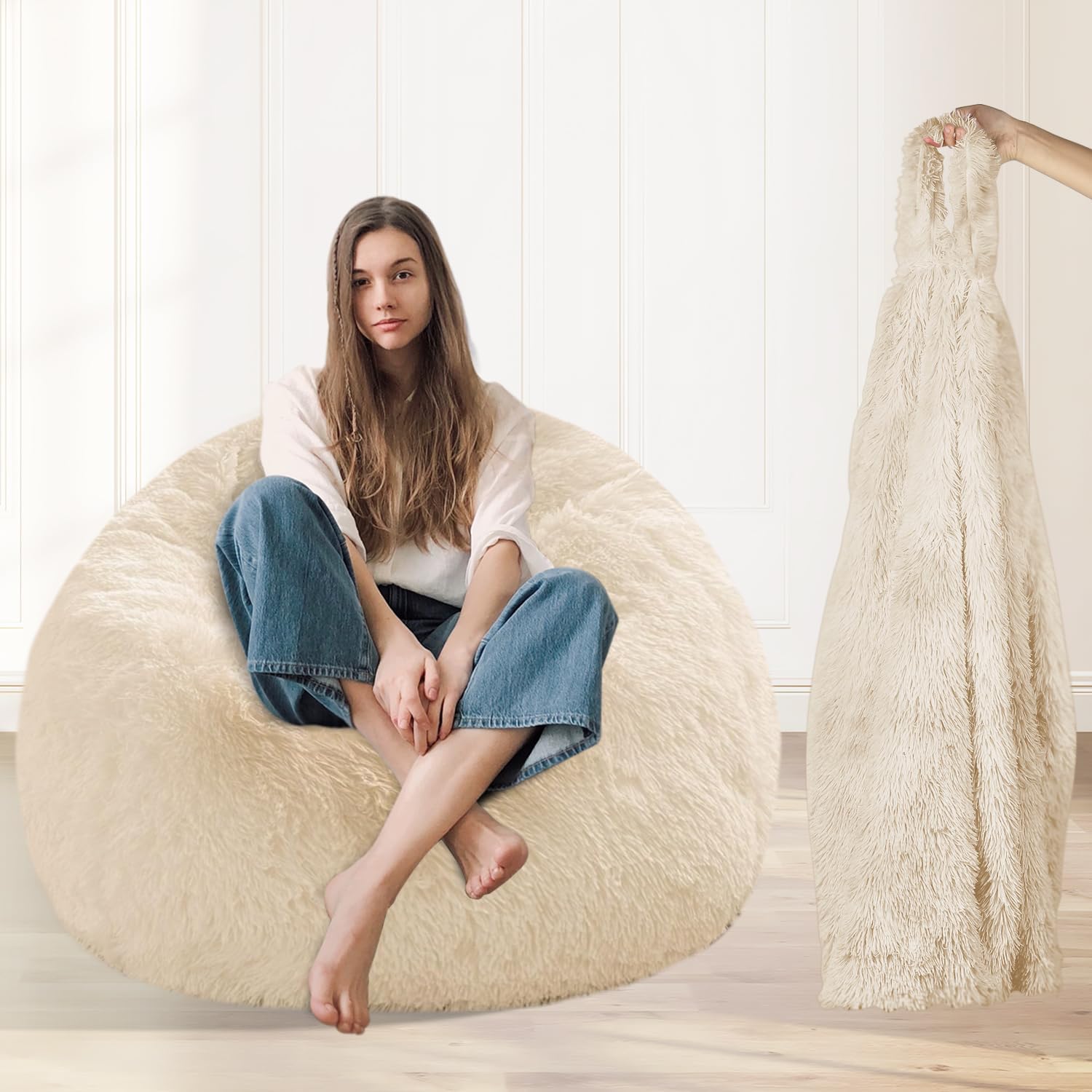 Fluffy Faux Fur Bean Bag Chair Cover for Living Room(No Filler), Bean Bag Chairs Cover for Kids/Teens,Premium Furry Anti-Slip Bean Bag Cover for Organizing Plush Toys (Beige)