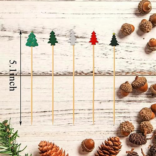 Vista 3 de 125 Pcs 5in Christmas Tree Cocktail Picks 5 Kind of Bamboo Cocktail Toothpicks Fruit Food Appetizer Charcuterie Skewers Dessert Dinner for Christmas