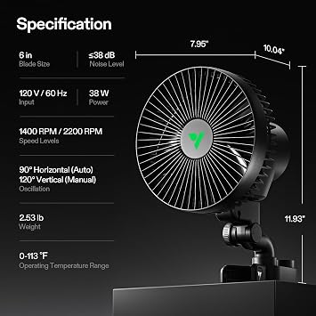 VIVOSUN AeroWave A6 Grow Tent Clip Fan, 6 Auto Oscillating Fan, 1-Pack