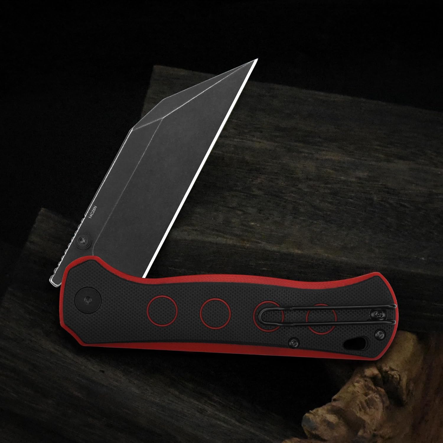 QSP Swordfish Folding Pocket Knife, 3.63" Sandvik 14C28N Black Stonewash EDC Knife, Black & Red G10 Handle, Button Lock, Ceramic Ball Bearings, Reversible Wire Deep Carry Clip