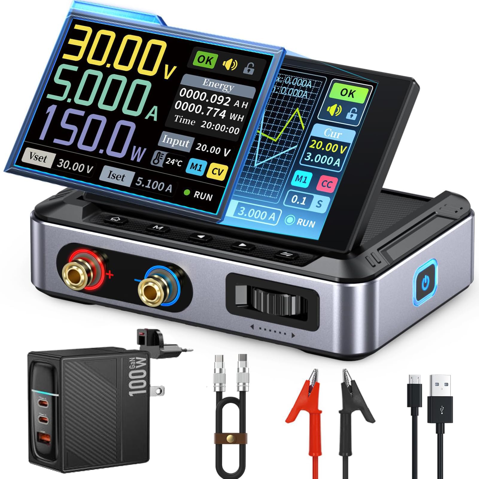 Alimentatore Da Laboratorio 30 V 5 A Display da 2,8 Pollici Uscita Programmabile Tramite PC Protezioni Multiple per Ricerca Sperimentale Sviluppo Ingegneristico,Include Un Alimentatore da 100W.