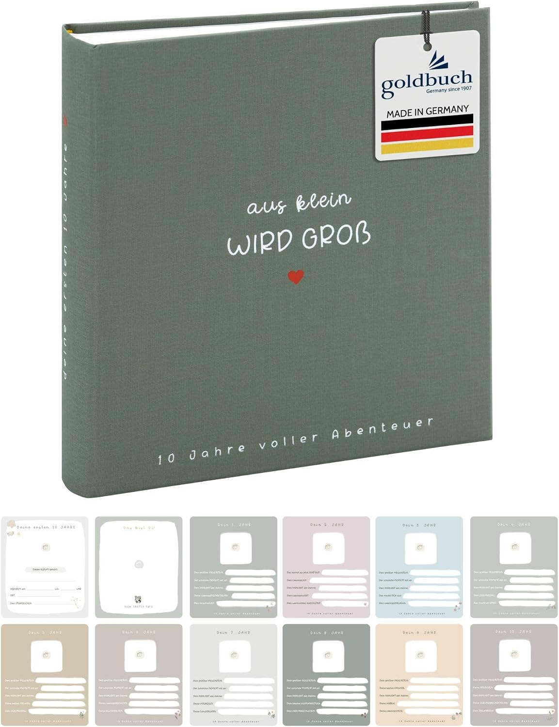 goldbuch 31043 Photo Album "Aus klein wird GROß", Photo Book with 100 White Pages with Glassine Dividers, Photo Album with Linen Cover, up to 600 Pictures, High-Quality Paper, Green, 30 x 31 x 6 cm