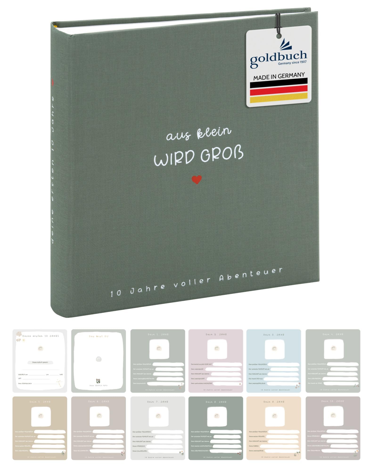 goldbuch 31043 Album fotograficzny z małym rozmiarem, 100 białych stron z pergaminowymi przekładkami, z lnianą okładką, na maks. 600 zdjęć, wysokiej jakości papier, zielony, 30 x 31 x 6 cm