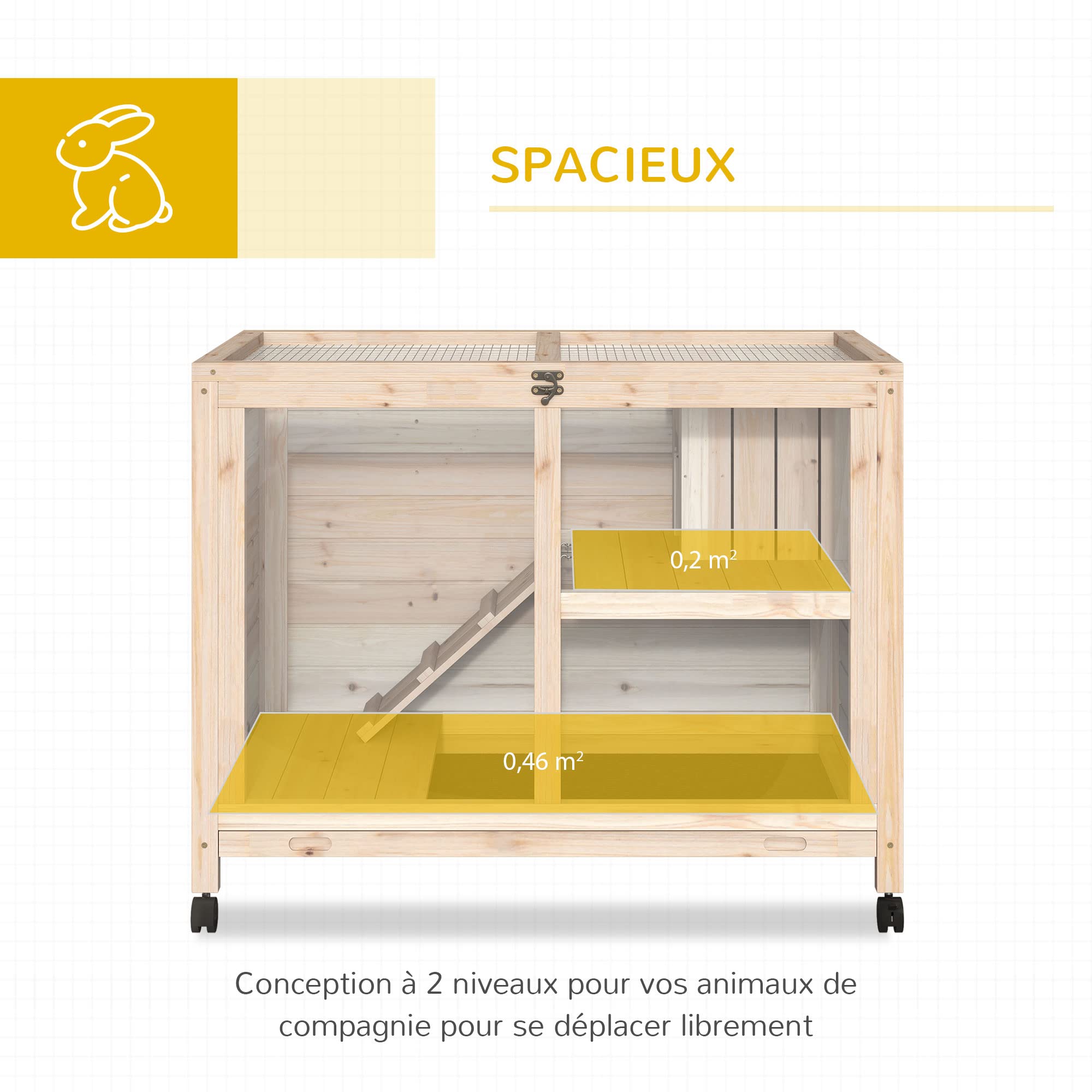 PawHut Cage à Lapin clapier sur roulettes Petit enclos Animaux en Bois Massif 2 étages Toit ouvrant Plates-Formes 91,5 x 53,3 x 73 cm Bois Naturel