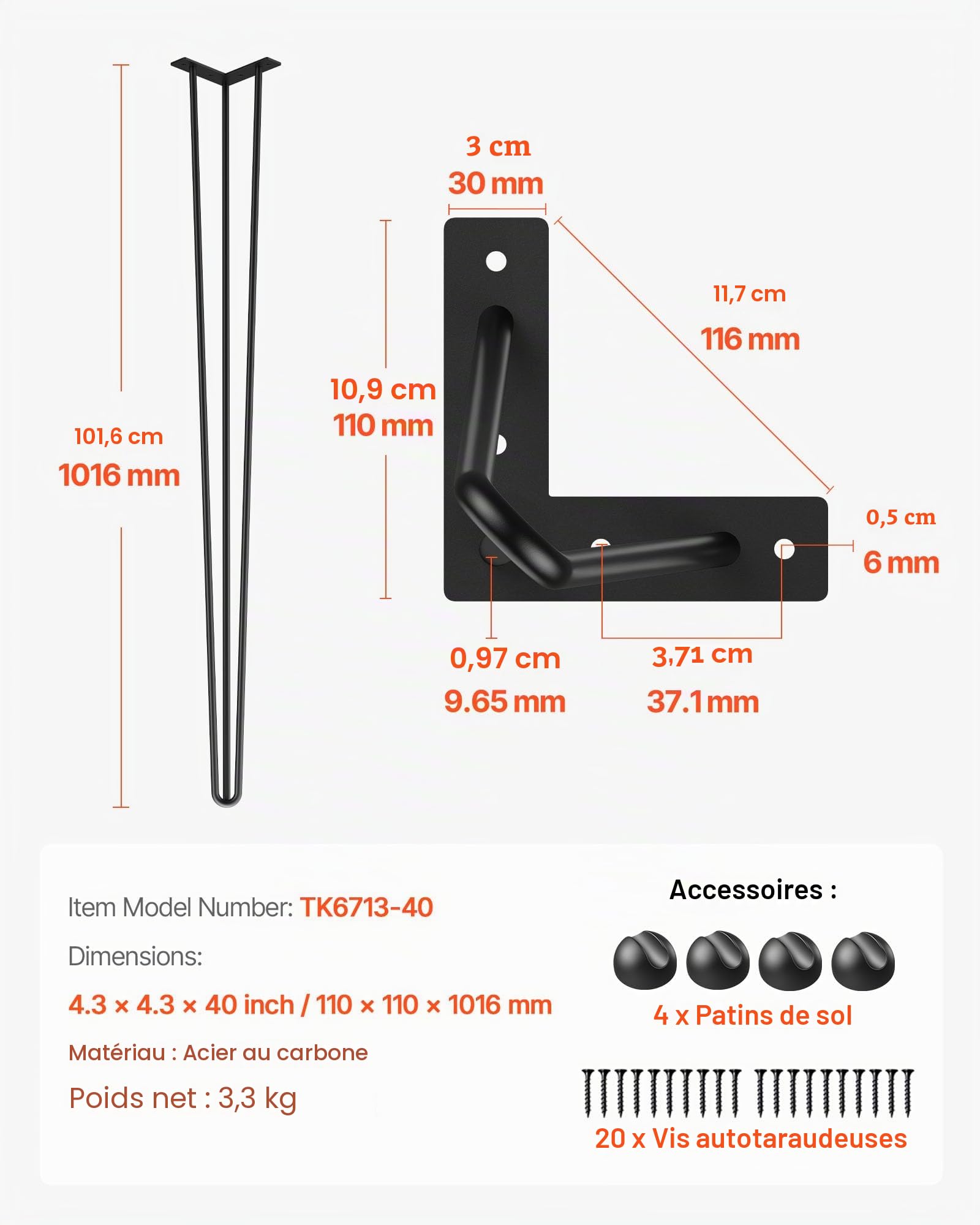 VEVOR Lot de 4 Pieds de Table en épingle à Cheveux, Noir, capacité de 99,8 kg chacun, Pieds de Bureau en épingle à Cheveux, 3 tiges pour Banc, Bureau, Salle à Manger, chaises en Acier au Carbone,