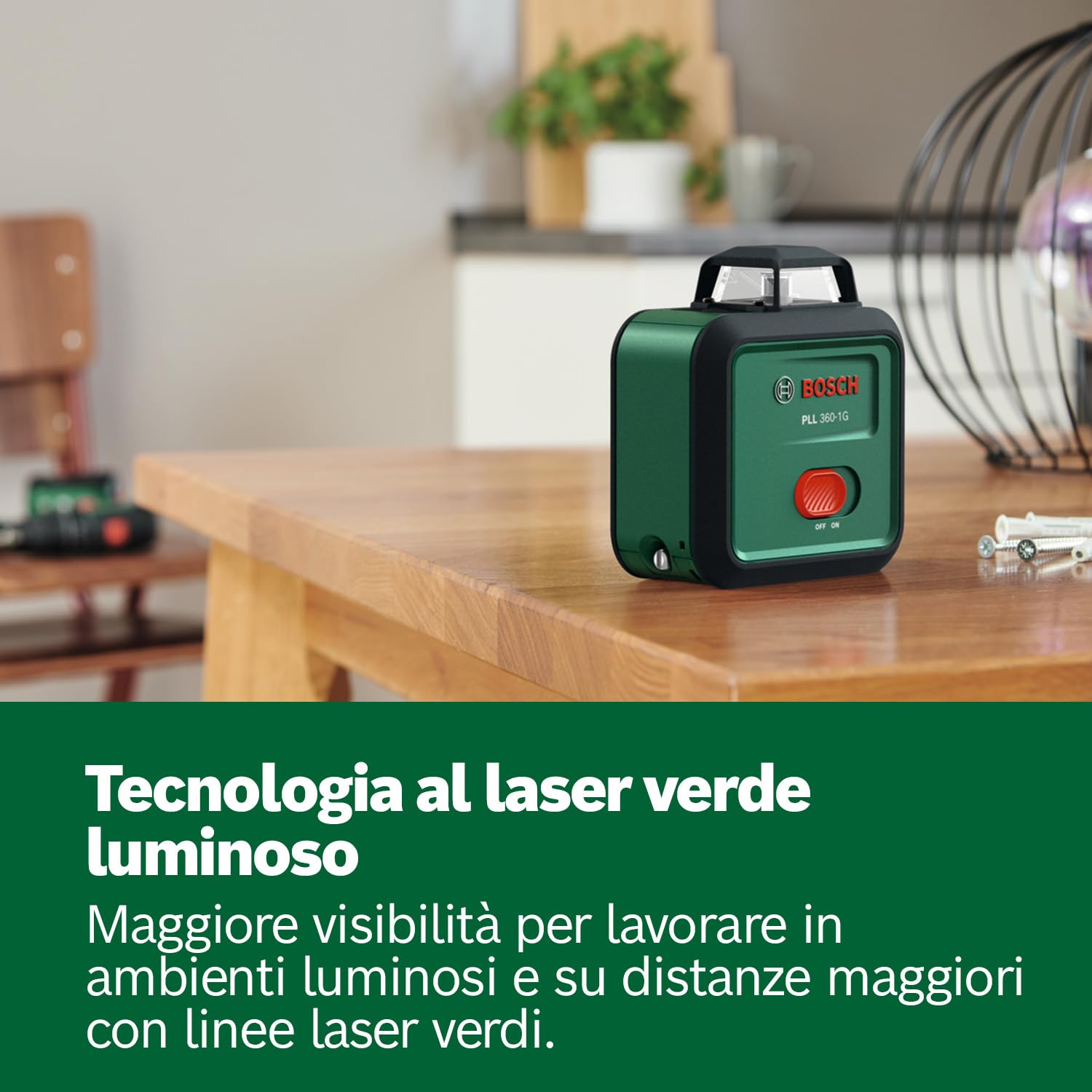 Bosch Livella laser PLL 360-1G (laser verde a 360°, autolivellante, precisione ±0,4 mm/m, batteria ricaricabile agli ioni di litio integrata, ricarica USB-C®, in confezione di cartone)