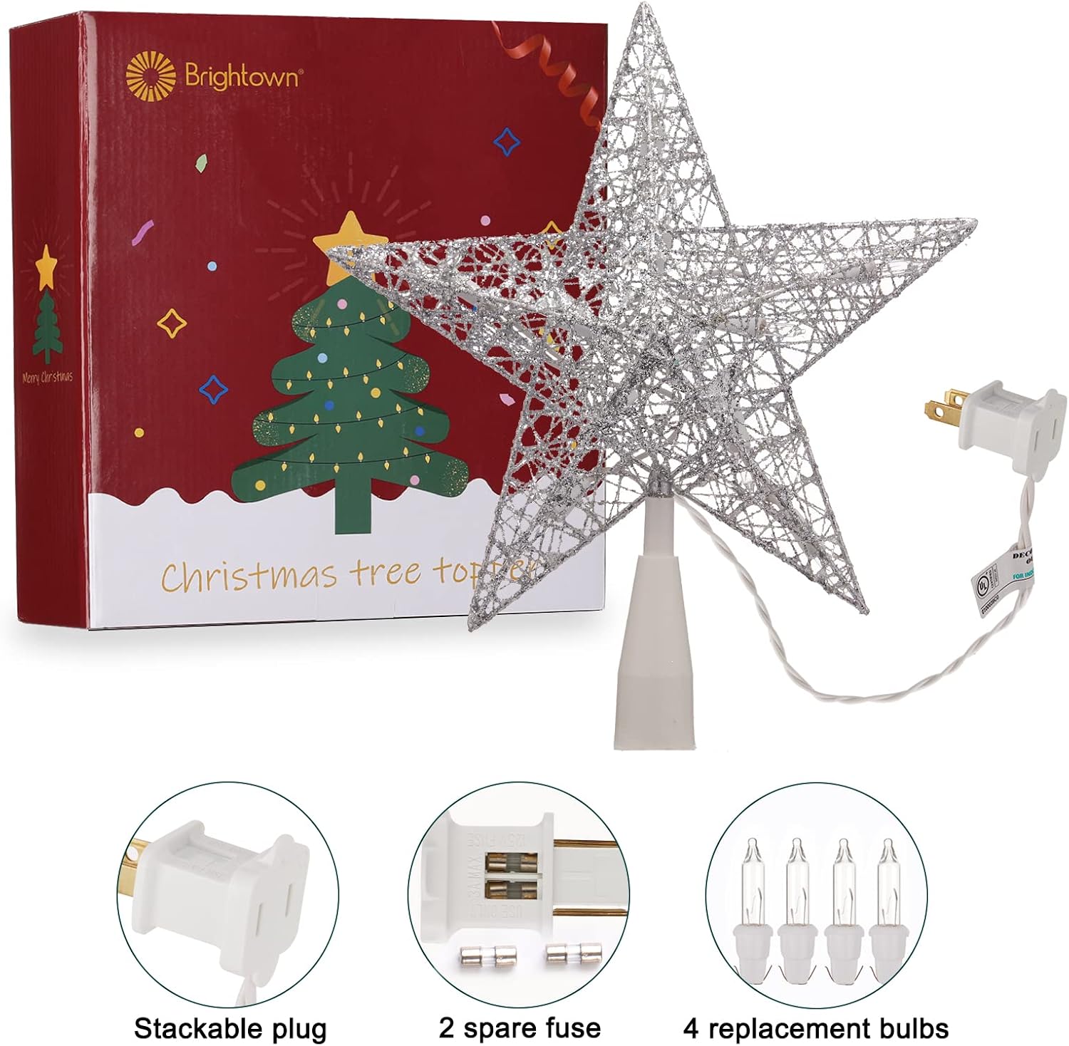 Christmas Star Tree Topper, Plug in 9" 3D Twined Silver Star Metal Hollow Designed Tree Topper, Built in 10 Bulbs Tree Topper for Christmas Tree Decoration New Year Holiday Home Office Indoor