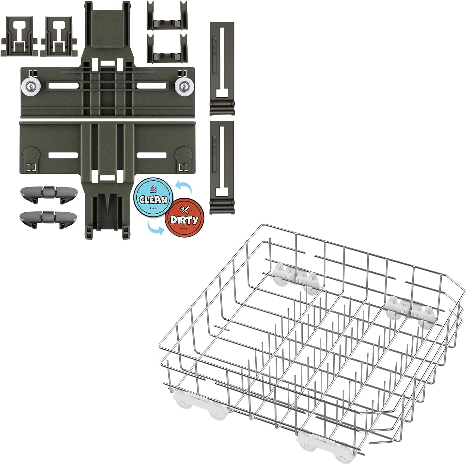 Upgraded W10350376 Dishwasher Top Rack Parts & W10728159 Lower Rack Replacement Stainless Steel For Kenmore/Kitchenaid Dishwasher Parts,W10525646 Bottom Dishrack Replacement with Wheels