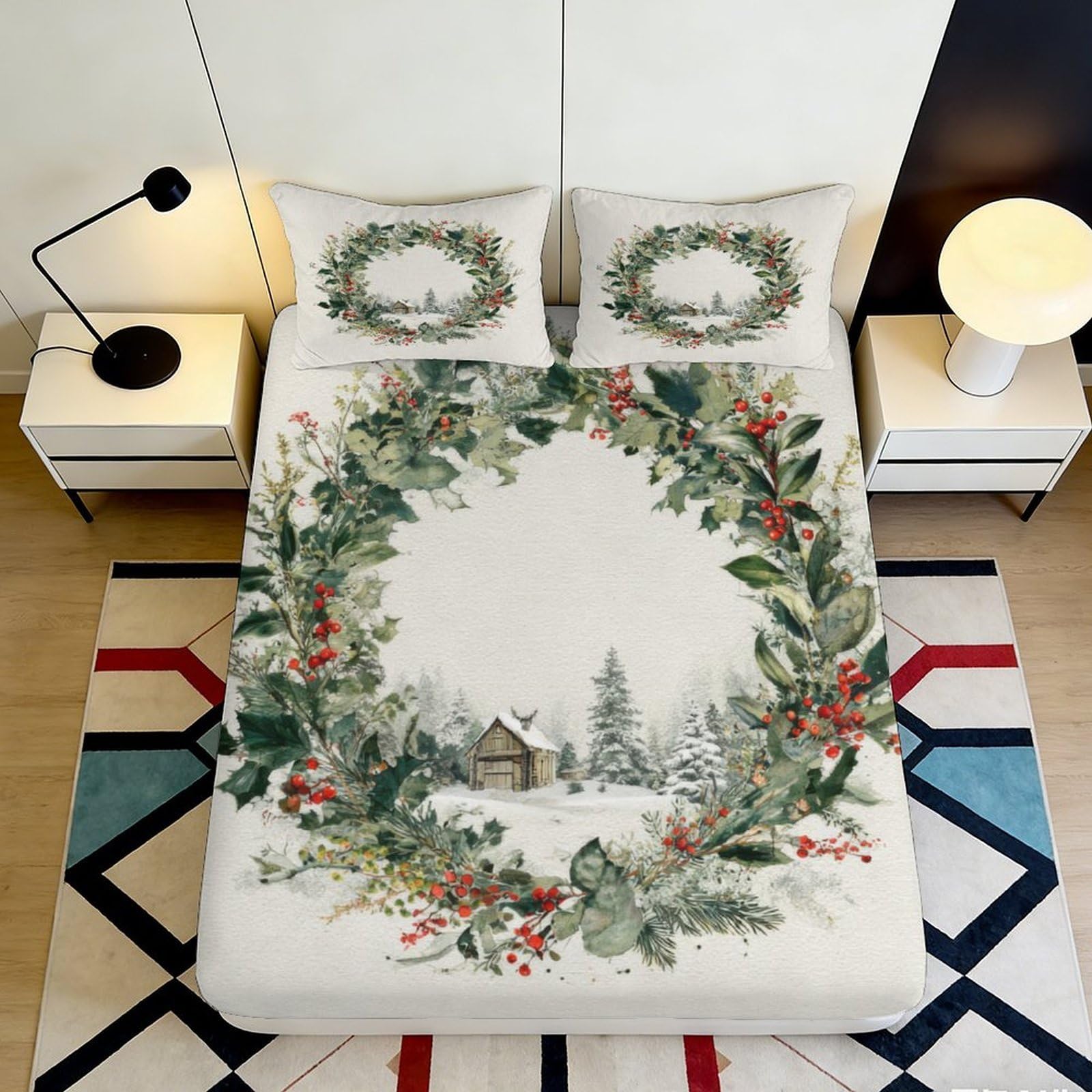 Jqzkxnhpbr Style-7 3D Printed Christmas Wreath Fitted Sheet Microfiber Soft Winter Village Mattress Cover For Bedroom Guest Room Decor 90X200x25cm