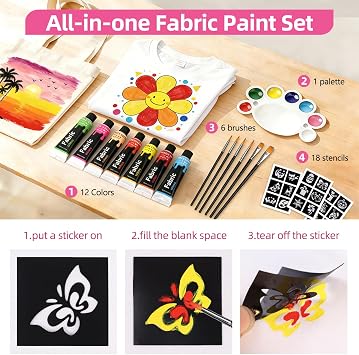 Colorful Fabric Paint Set for Clothes,12 Colors 0.4 Fl Oz Paint for Kids