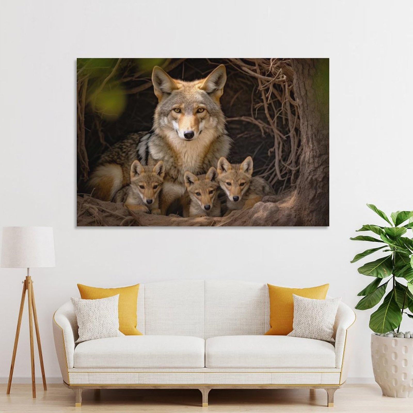 Junmoney Coyote With Pups Home Decor Wall Art, 20x30inch(50x75cm), for Flats, Guest Rooms Or Compact Rooms, Stylish Wall Art for Fresh Spaces